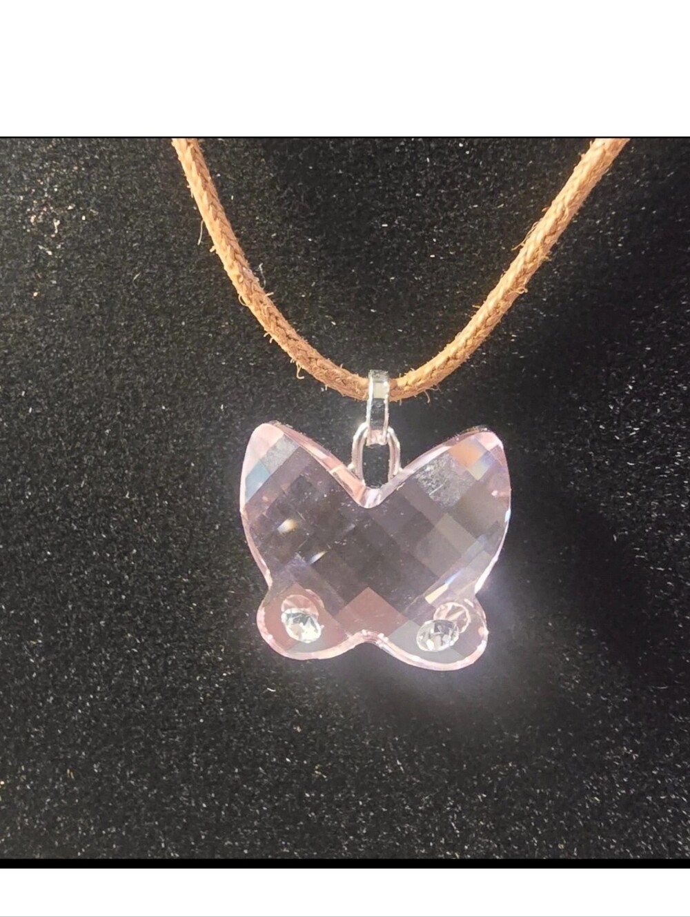 Vintage SWAROVSKI Crystal Butterfly Pendant Necklace Brown Cord
